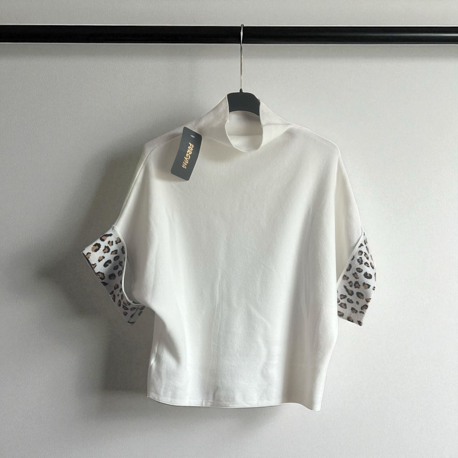 Trui met hoge hals En Korte Mouwen Sweater Met luipaardprint op de mouwen Voor Dames