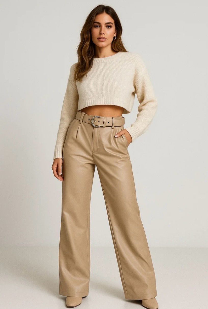 Taupe leren broek met hoge taille en wijde pijpen – stijlvol en tijdloos
