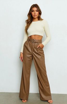 Taupe leren broek met hoge taille en wijde pijpen – stijlvol en tijdloos