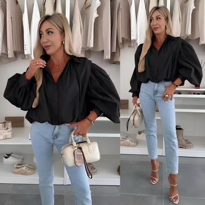 Blouse met pofmouwen dames – zwarte blouse – elegante oversized look