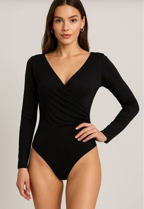 lange mouwen body met V-hals en overslag – dames basic top”