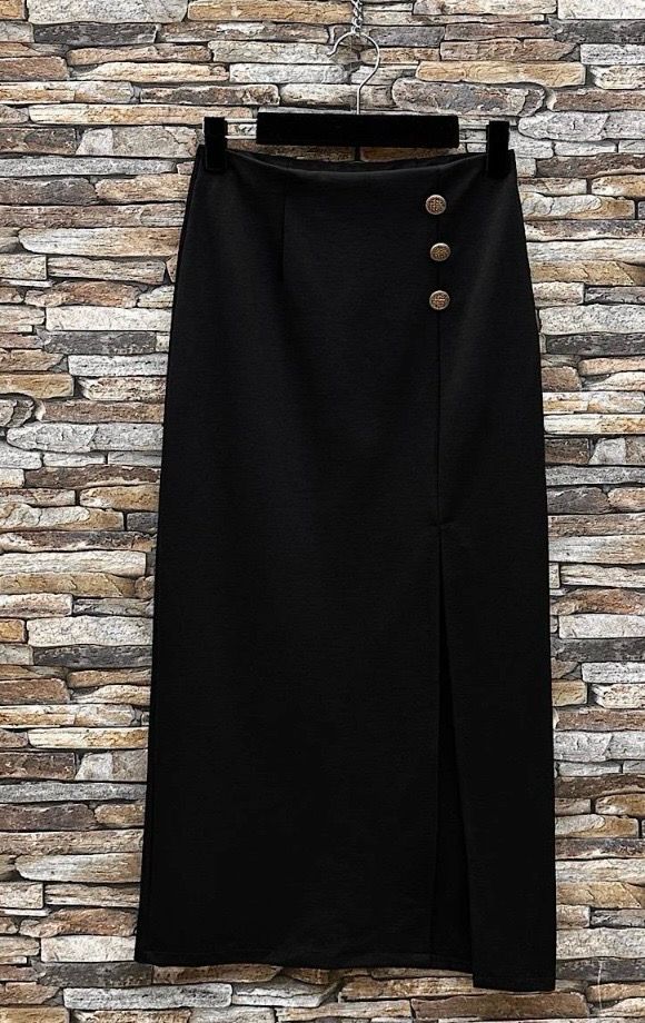 Elegante zwarte lange rok met split en knopen – Tijdloze dames rok met elastische taille