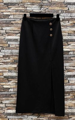 Elegante zwarte lange rok met split en knopen – Tijdloze dames rok met elastische taille