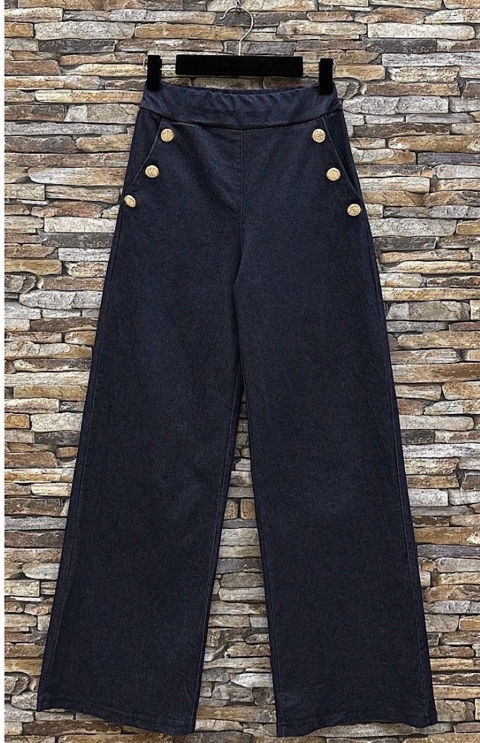 JENNA denim look broek, wijde palazzo broek met sierknopen en zakken. Elastische taille.