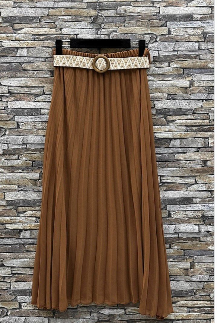Effen kleur Vloeiende plooirok met viscose lining- midi rok met bohemian belt