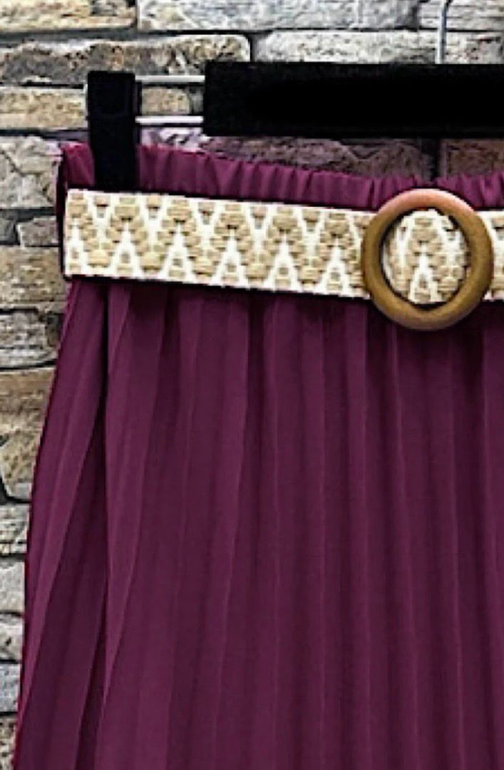 Effen kleur Vloeiende plooirok met viscose lining- midi rok met bohemian belt
