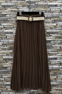 Effen kleur Vloeiende plooirok met viscose lining- midi rok met bohemian belt