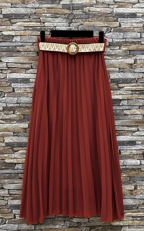 Effen kleur Vloeiende plooirok met viscose lining- midi rok met bohemian belt