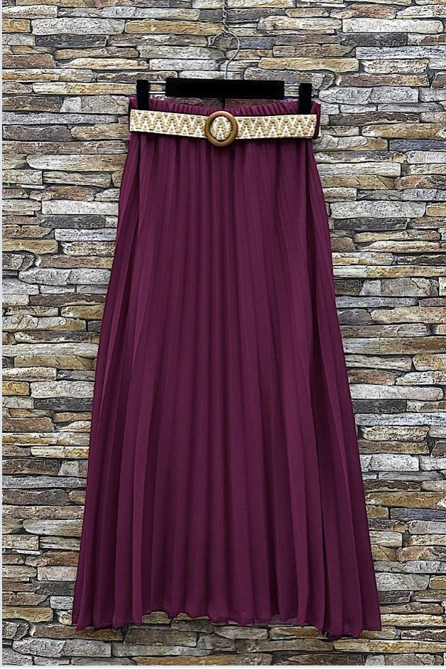 Effen kleur Vloeiende plooirok met viscose lining- midi rok met bohemian belt