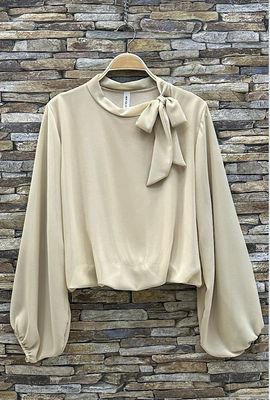 Beige blouse Infinity Me met chic strik detail - Stijlvolle cowl neck top met ballonmouwen | Herbal Infinity België