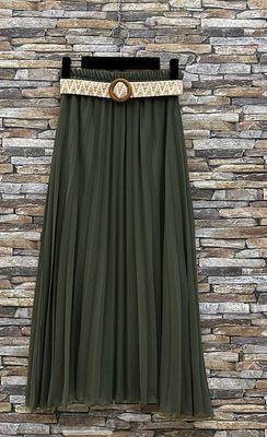 Effen kleur Vloeiende plooirok met viscose lining- midi rok met bohemian belt