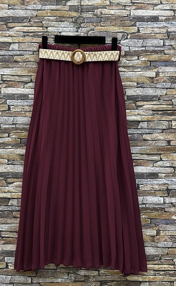 Effen kleur Vloeiende plooirok met viscose lining- midi rok met bohemian belt