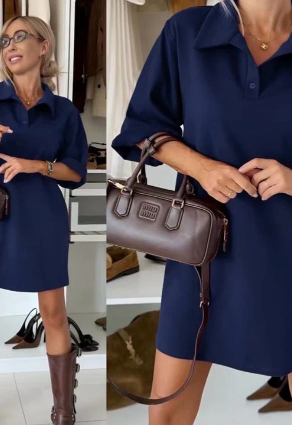 Blauwe polo jurk dames – korte jurk met kraag en knoopsluiting – casual chic outfit