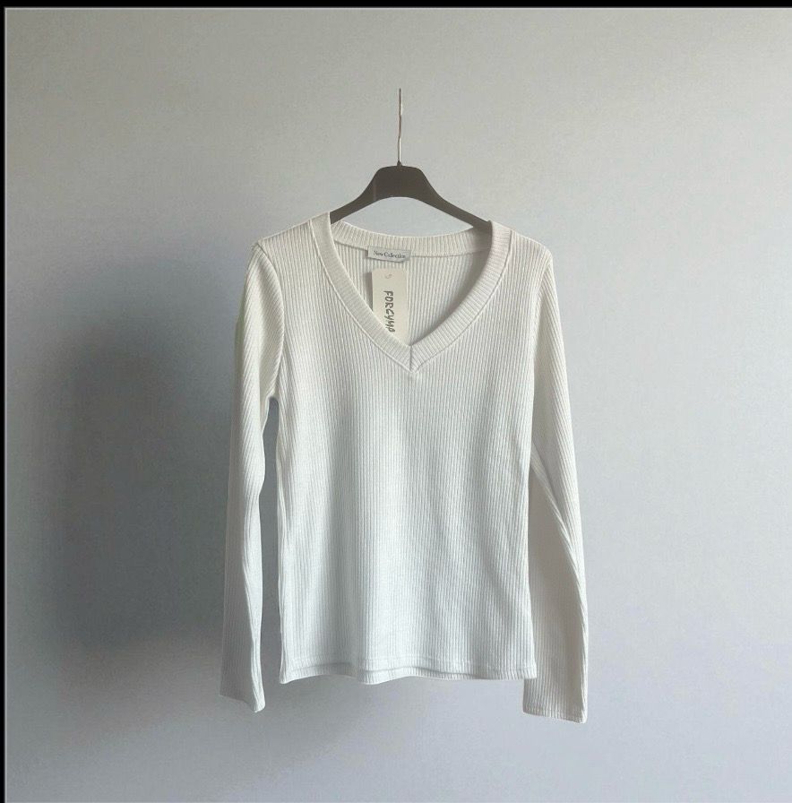 Witte V - hals trui dames – Fijngebreide top met lange mouwen