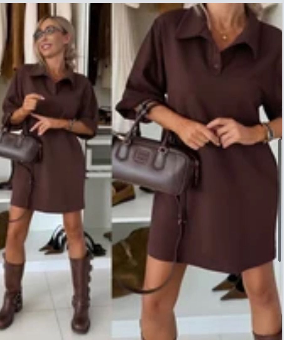 Bruine polo jurk dames – korte jurk met kraag en knoopsluiting – casual chic outfit