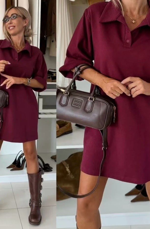 Burgundi polo jurk dames – korte jurk met kraag en knoopsluiting – casual chic outfit
