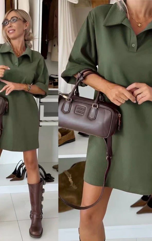 Kaki groene polo jurk dames – korte jurk met kraag en knoopsluiting – casual chic outfit