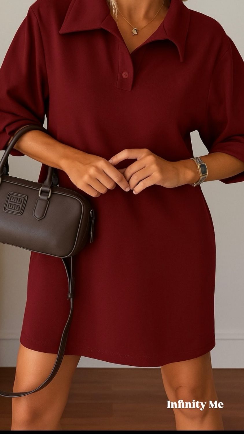 Burgundi polo jurk dames – korte jurk met kraag en knoopsluiting – casual chic outfit