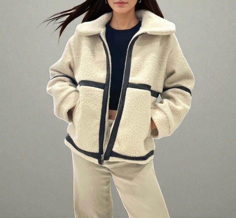 Teddy Jacket Crème met Faux Leather Details – Trendy &amp; Cozy Winterjas