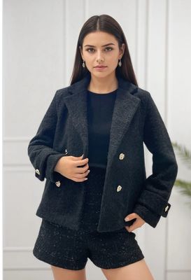 Zwarte korte Bouclé Blazer jas met Gouden Knopen voor dames