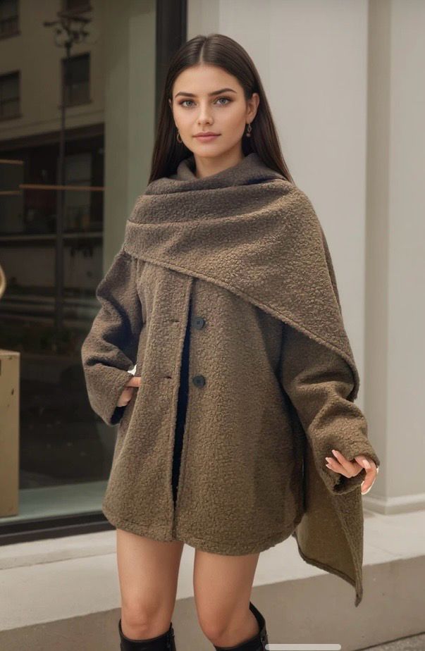 Teddy Coat met Ingebouwde Sjaal – Warme Oversized Jas