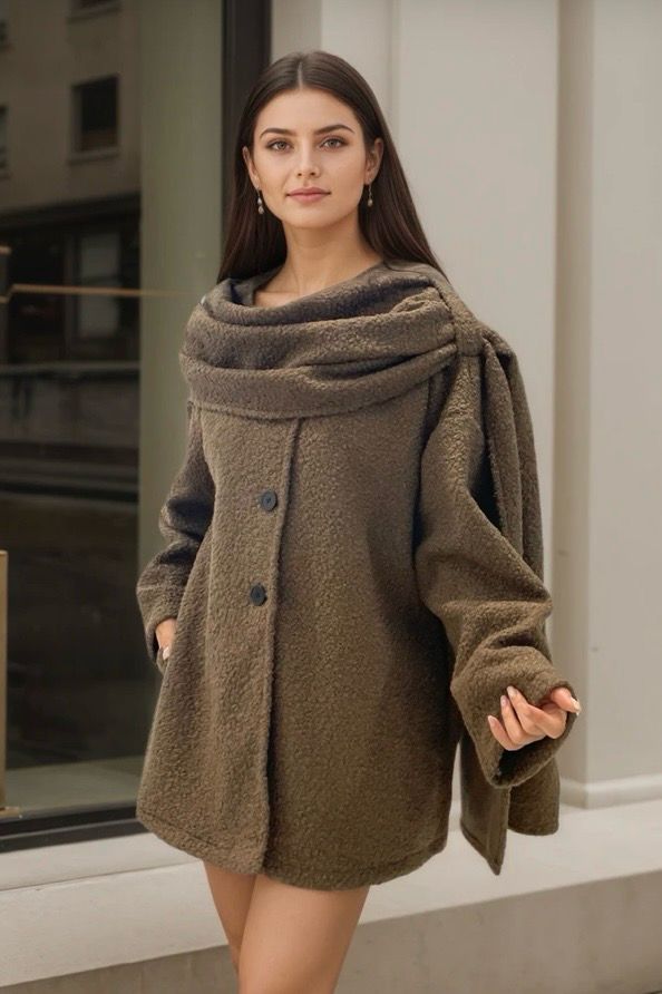 Teddy Coat met Ingebouwde Sjaal – Warme Oversized Jas