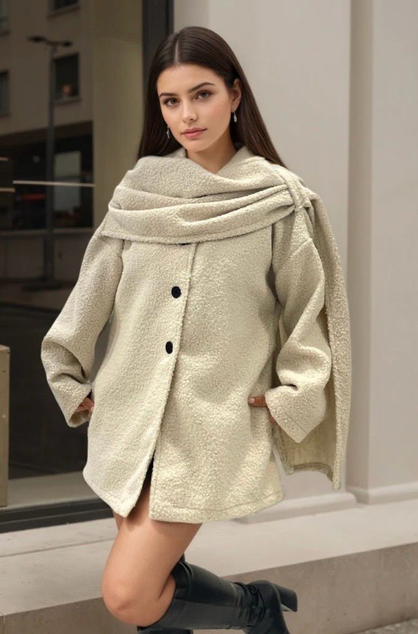 Teddy Coat met Ingebouwde Sjaal – Warme Oversized Jas