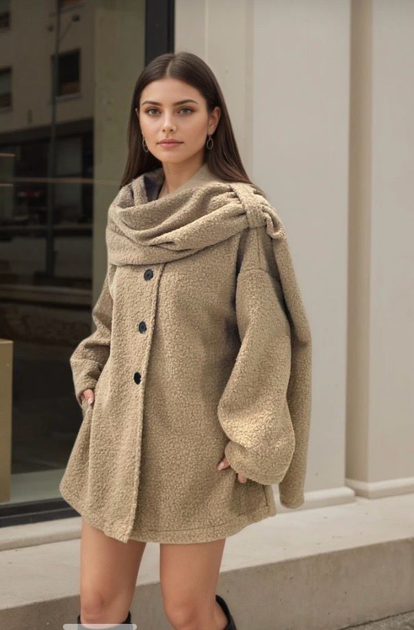 Teddy Coat met Ingebouwde Sjaal – Warme Oversized Jas