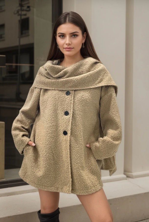 Teddy Coat met Ingebouwde Sjaal – Warme Oversized Jas