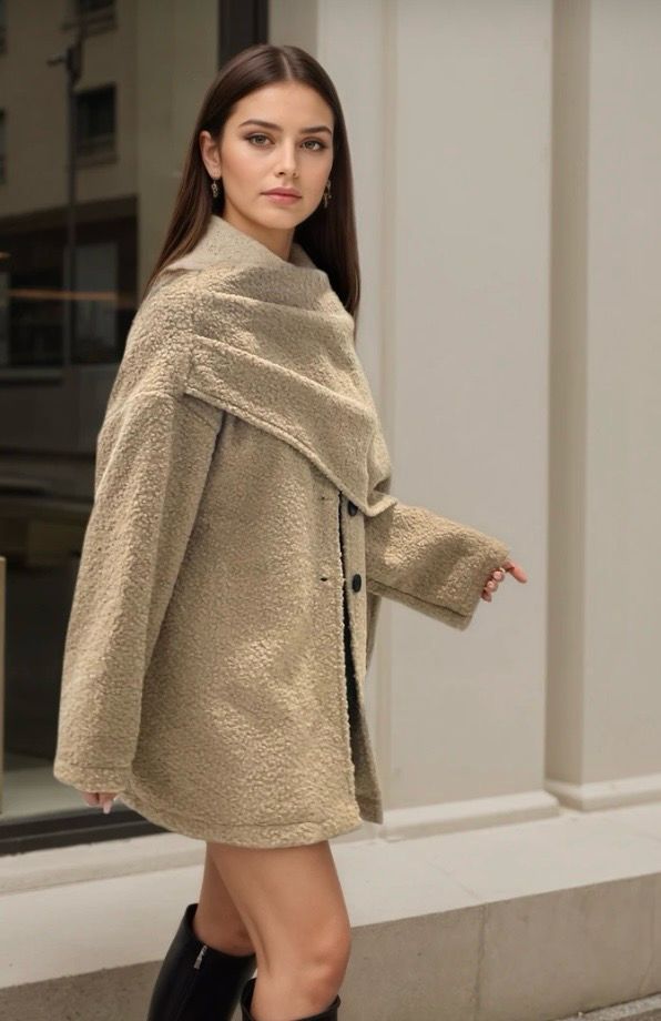 Teddy Coat met Ingebouwde Sjaal – Warme Oversized Jas