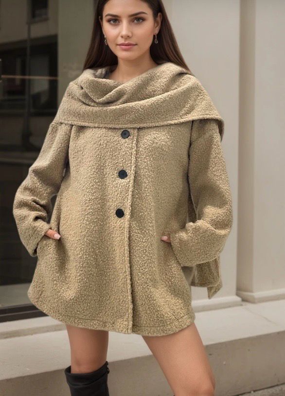 Teddy Coat met Ingebouwde Sjaal – Warme Oversized Jas