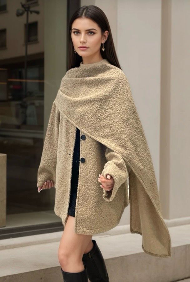 Teddy Coat met Ingebouwde Sjaal – Warme Oversized Jas