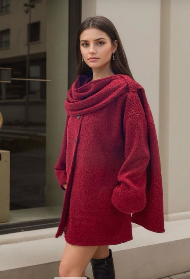 Teddy Coat met Ingebouwde Sjaal – Warme Oversized Jas