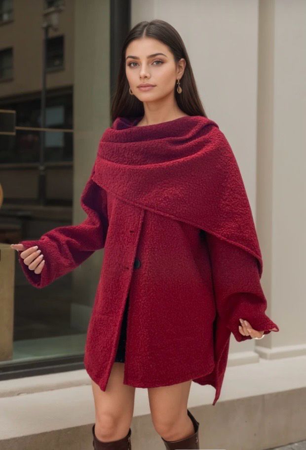 Teddy Coat met Ingebouwde Sjaal – Warme Oversized Jas