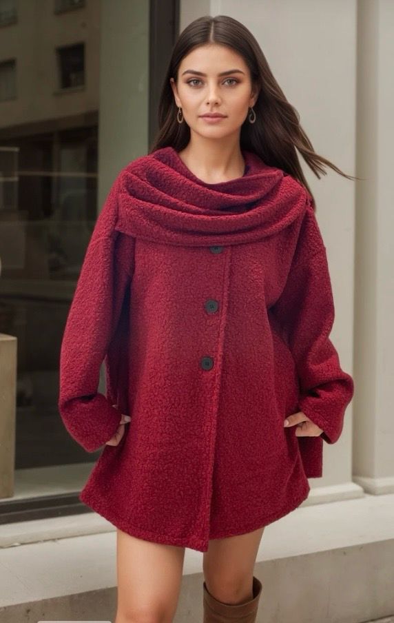 Teddy Coat met Ingebouwde Sjaal – Warme Oversized Jas