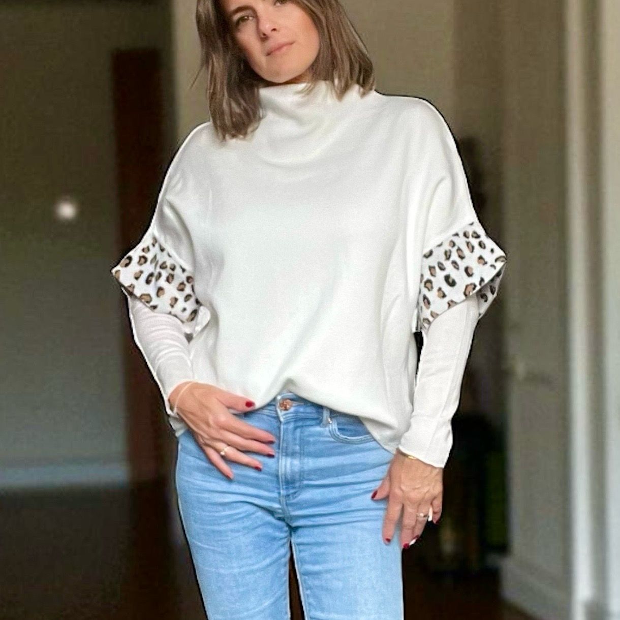 Trui met hoge hals En Korte Mouwen Sweater Met luipaardprint op de mouwen Voor Dames