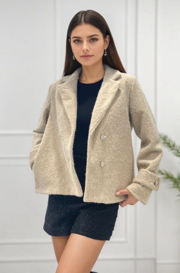 Zwarte korte Bouclé Blazer jas met Gouden Knopen voor dames