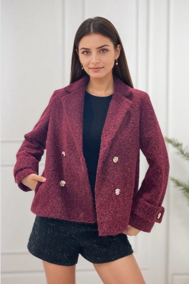 Zwarte korte Bouclé Blazer jas met Gouden Knopen voor dames
