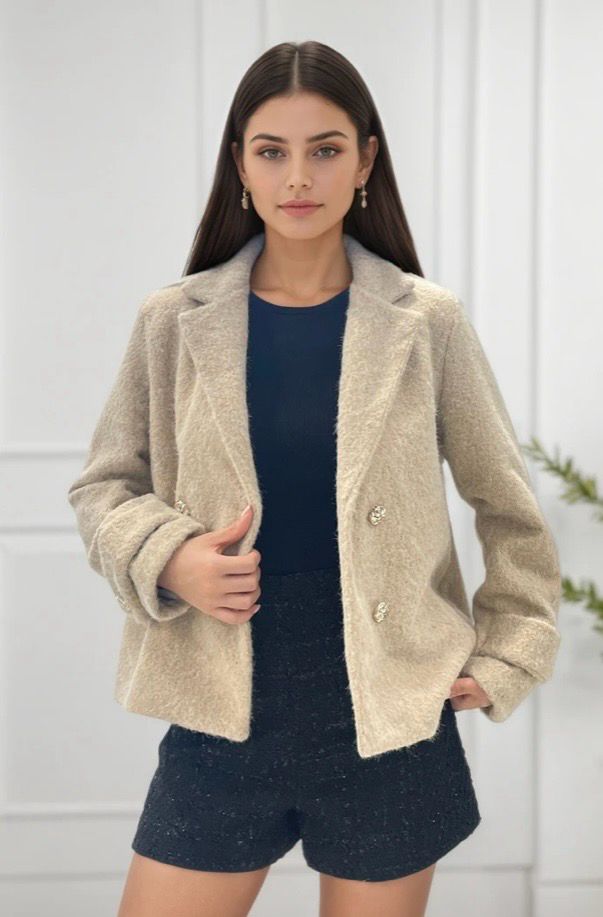 Zwarte korte Bouclé Blazer jas met Gouden Knopen voor dames