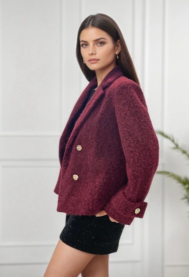 Zwarte korte Bouclé Blazer jas met Gouden Knopen voor dames