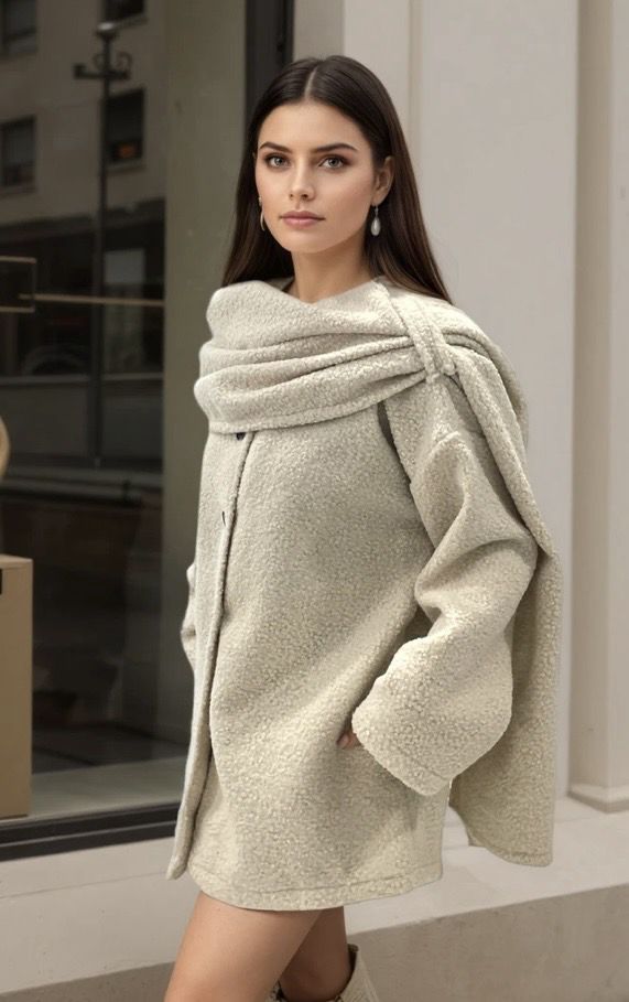 Teddy Coat met Ingebouwde Sjaal – Warme Oversized Jas
