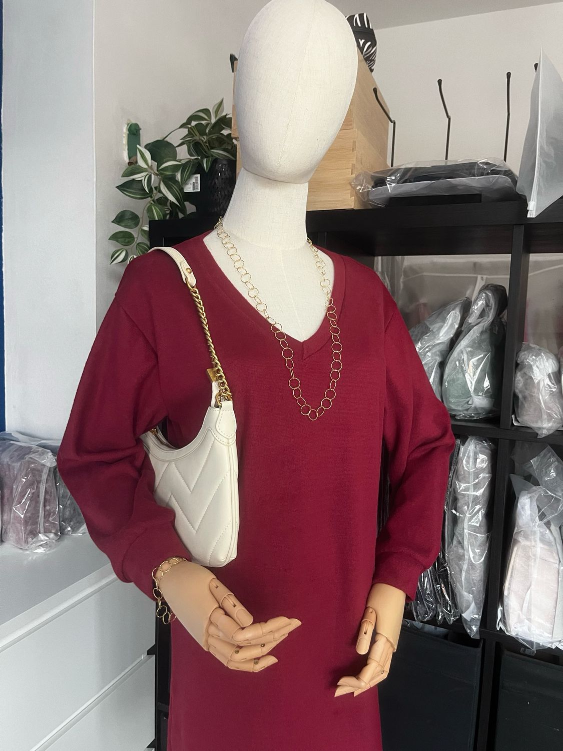 Sweater Jurk met V-hals – comfy midi korte jurk voor dames