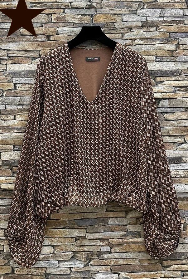 Bruine V-hals blouse met print – Made in Italy | Infinity Me