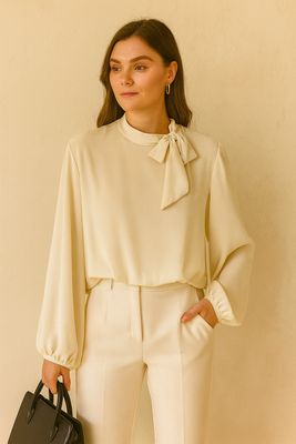 Chique blouse beige en romantische soepelvallende mouwen – trendy met viscose voering