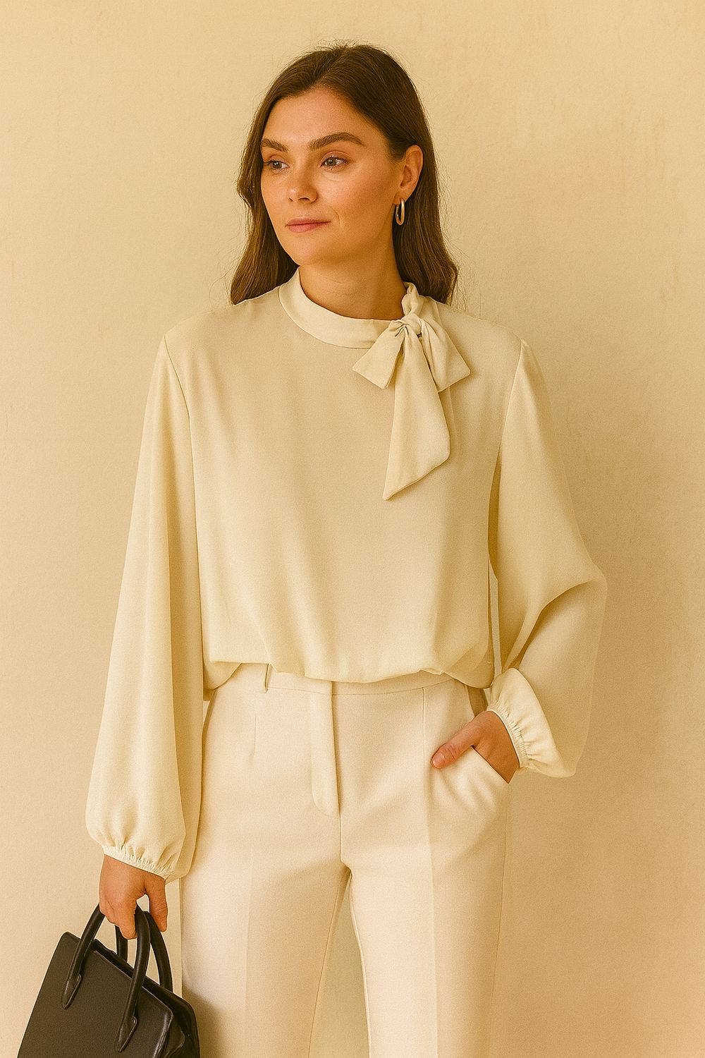 Chique blouse beige en romantische soepelvallende mouwen – trendy met viscose voering