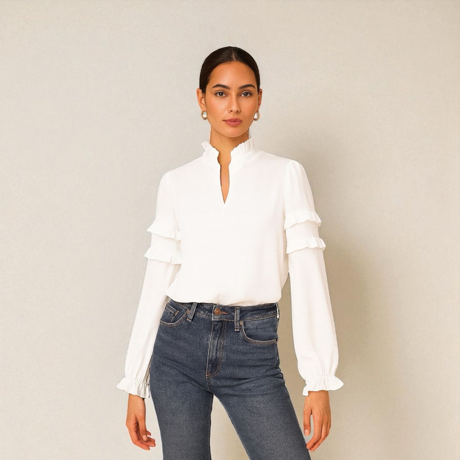 Ruffle Blouse- Top met lange mouwen- Witte blouse - Wit hemd - Blouse met lange mouwen - Lente /Zomer collectie