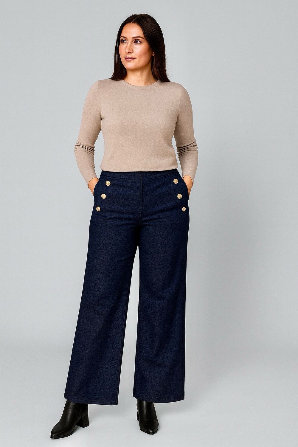 JENNA denim look broek, wijde palazzo broek met sierknopen en zakken. Elastische taille.