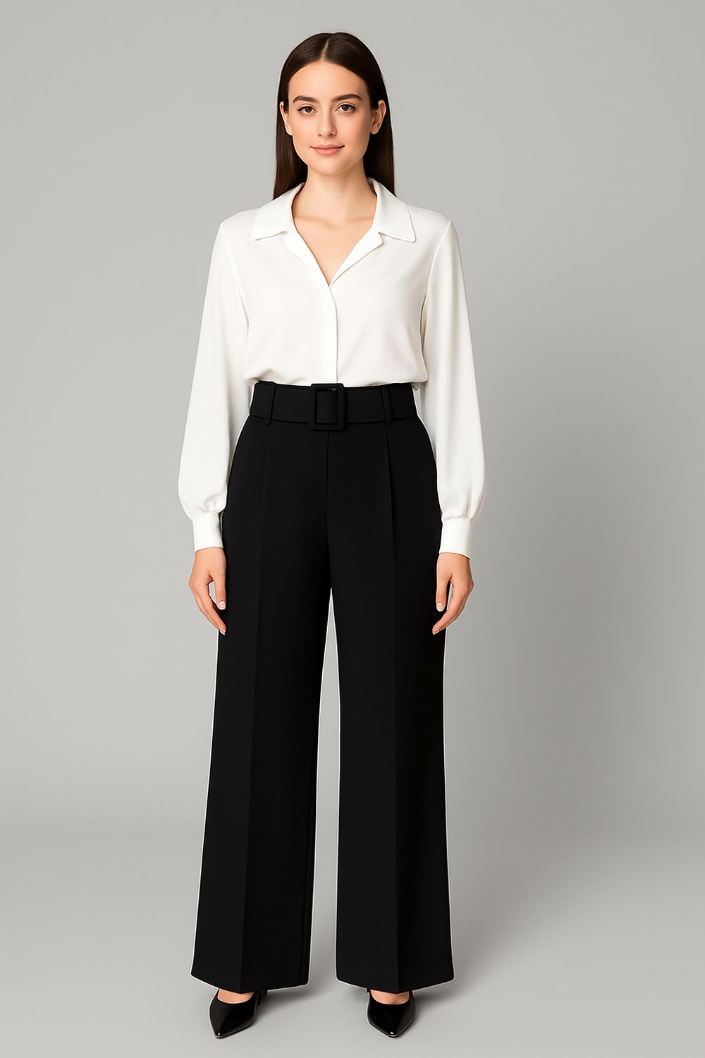 Stretchstof Milano fabric wijde broek, palazzo in Milano Chic Automnale met handgemaakte riem.