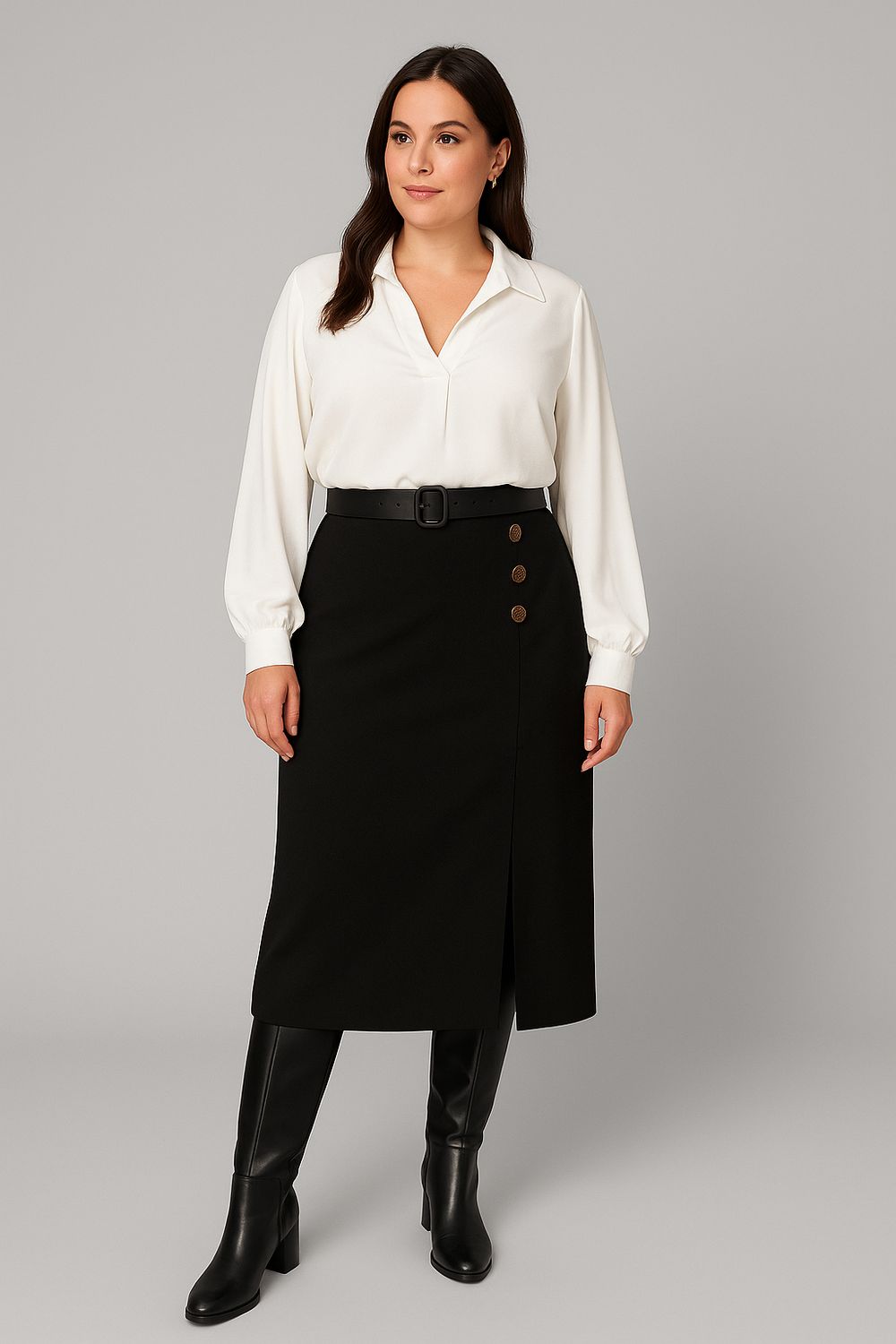 Elegante zwarte lange rok met split en knopen – Tijdloze dames rok met elastische taille
