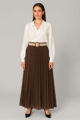 Effen kleur Vloeiende plooirok met viscose lining- midi rok met bohemian belt